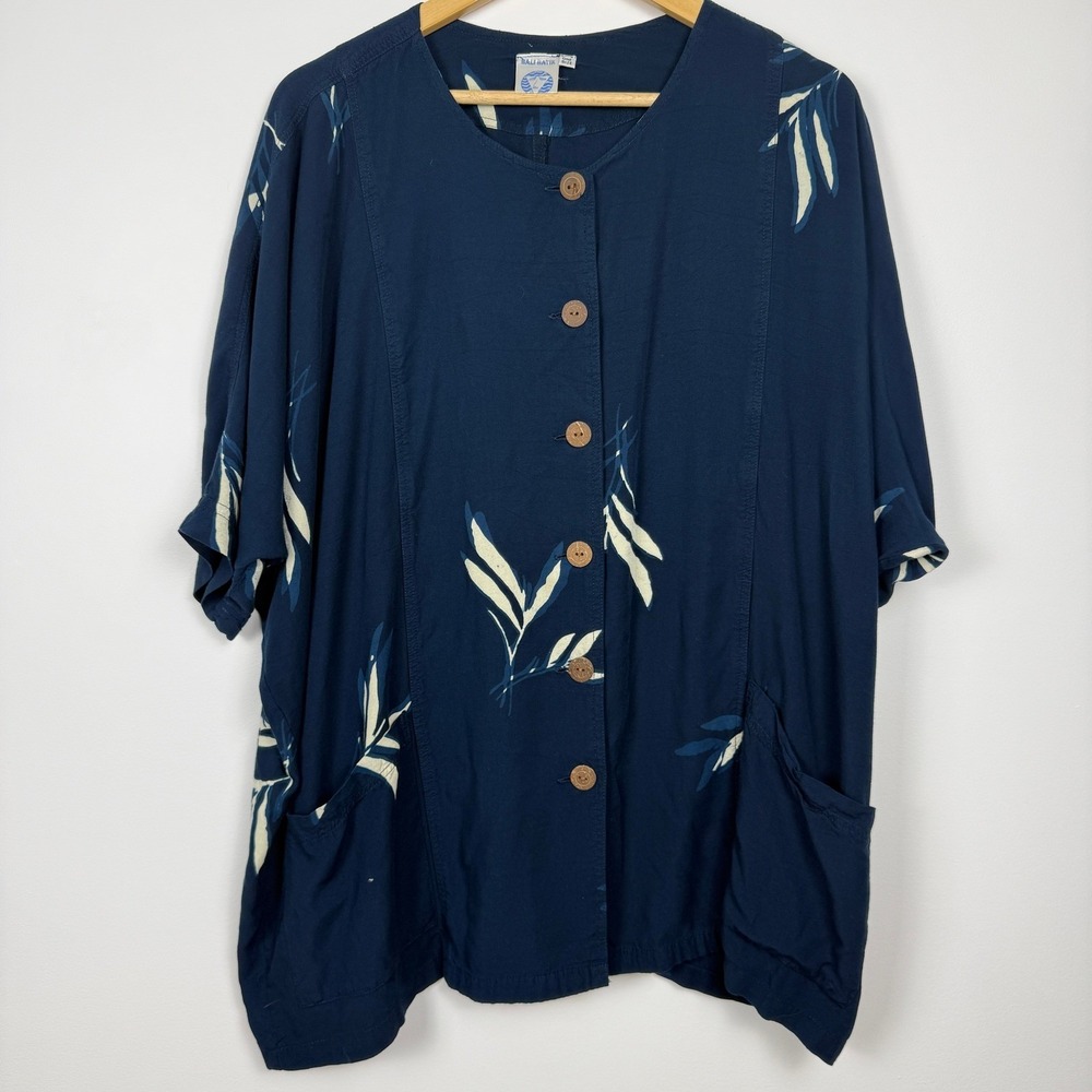 Bali Batik Button Front Top Womens One Size Blue Coastal Oversized Lagenlook